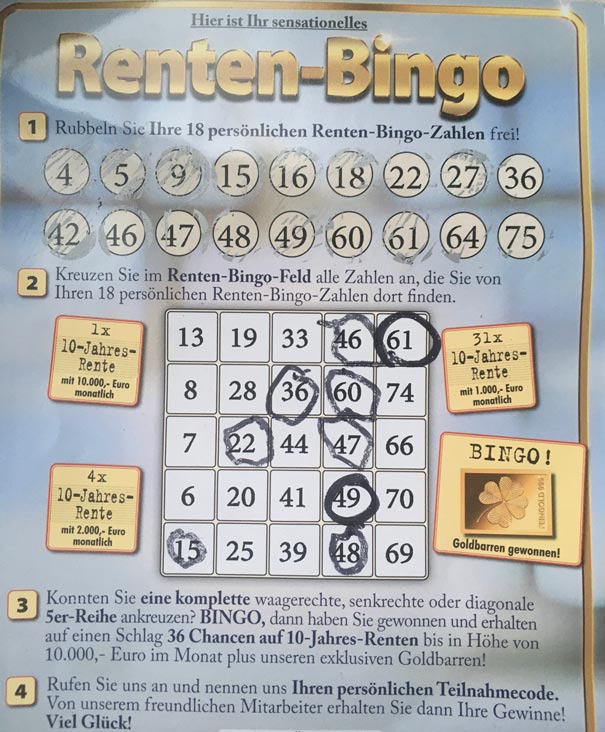 Faber Renten Bingo aufgerubbelt